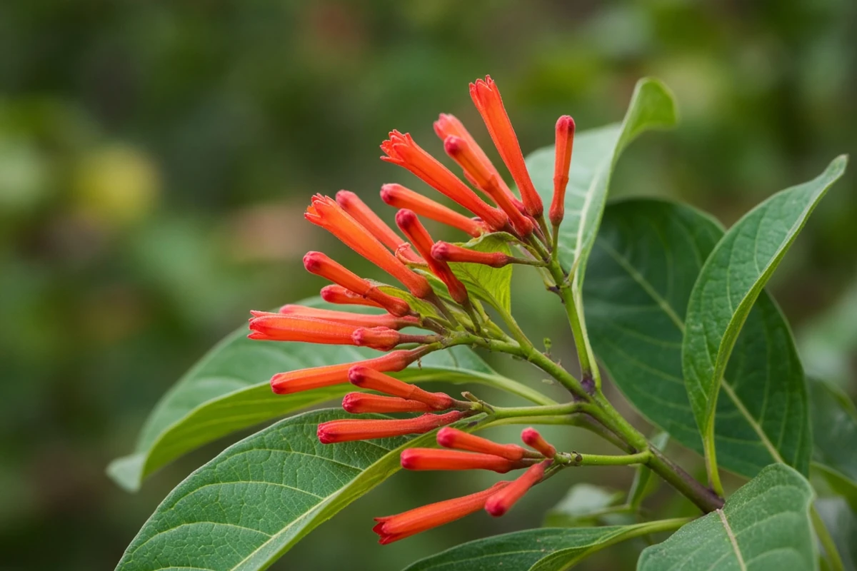 Close view of orange red firebush flower clusters