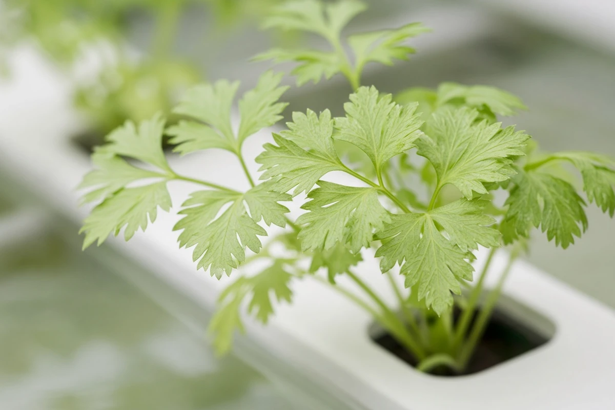 Close view of pale green water celery leaves
