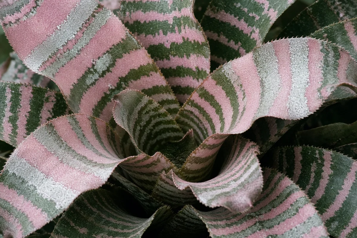 Close view of pink and green striped cryptanthus leaves