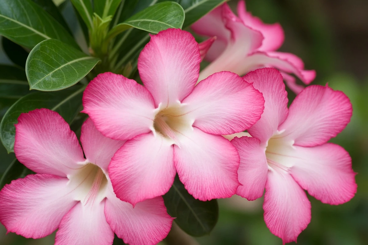 Close view of pink and white trumpet flowers