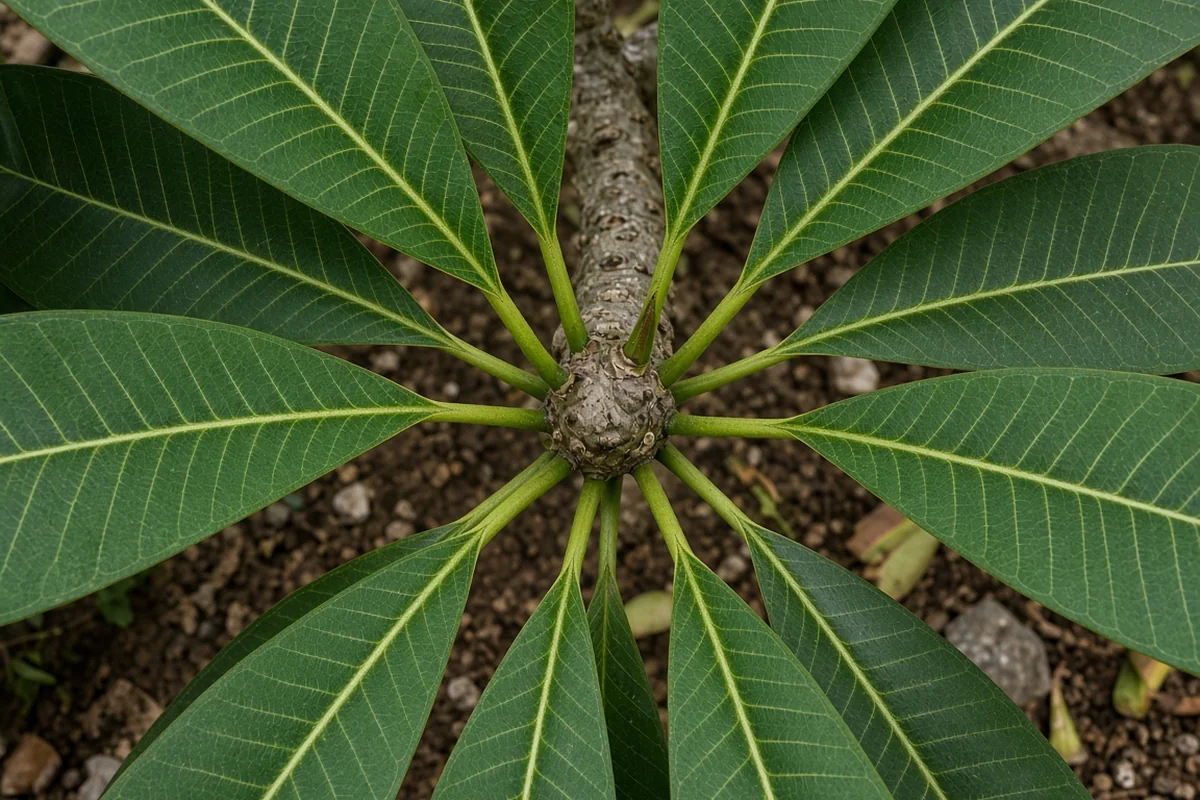 Close view of plumeria leaves at a branch tip