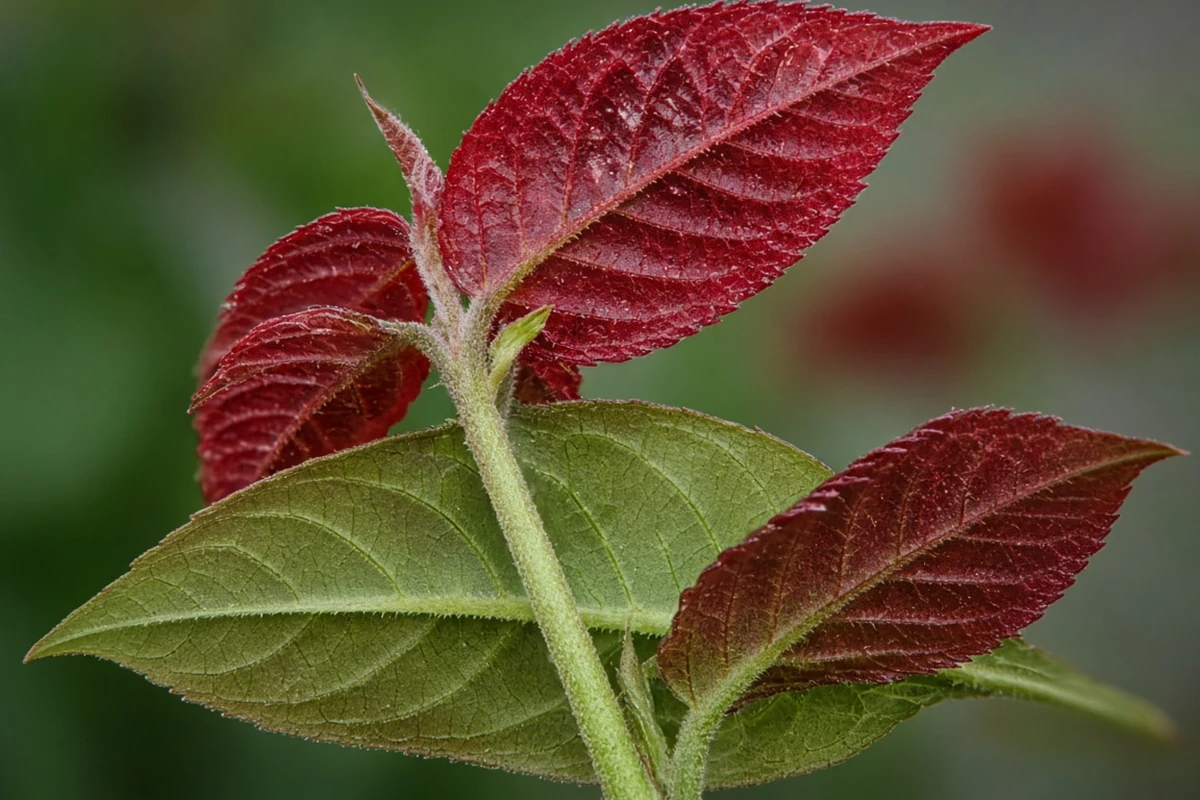 Close view of red and green leaves on a stem
