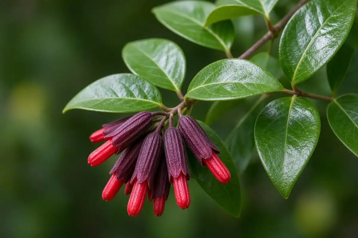Close view of red flower buds on a trailing stem