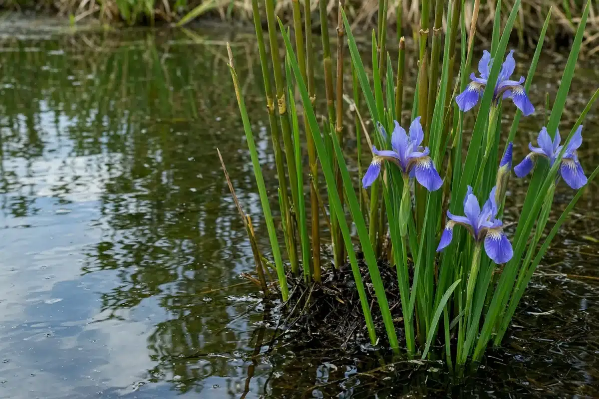 Close view of reeds and irises growing at a pond margin