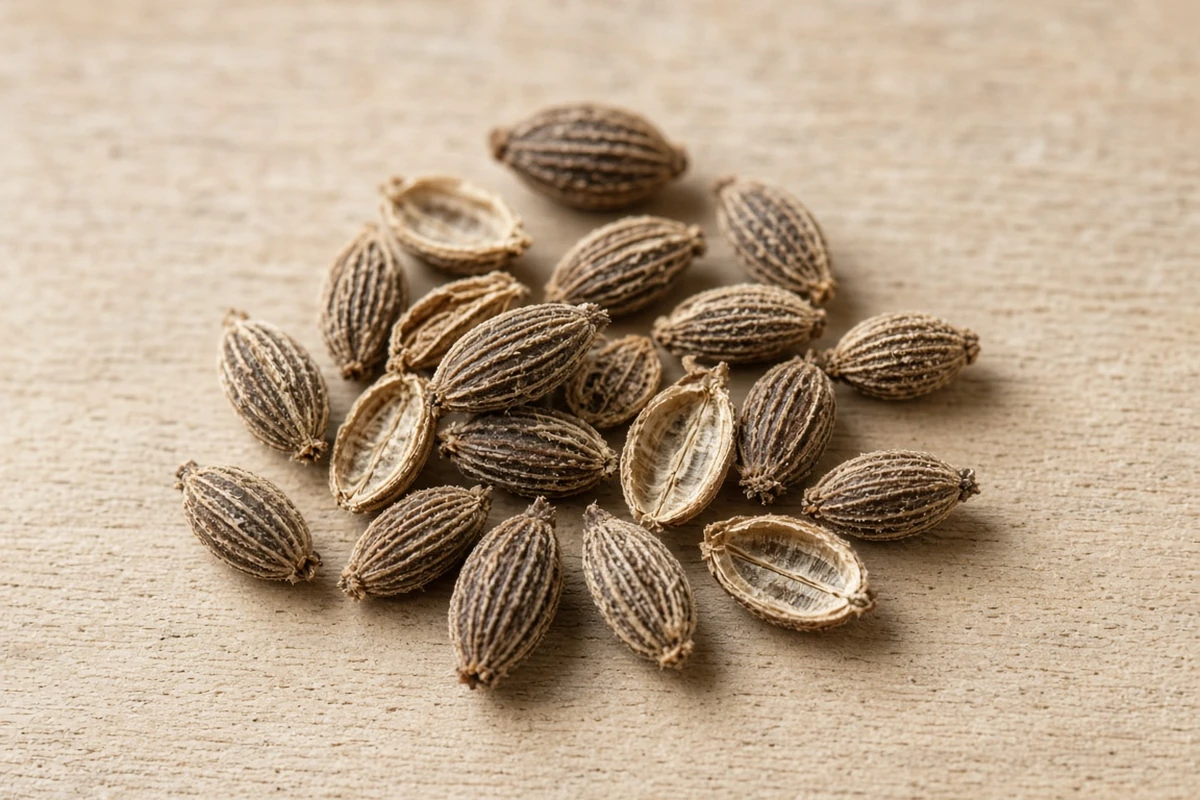 Close view of ribbed seeds with some split halves