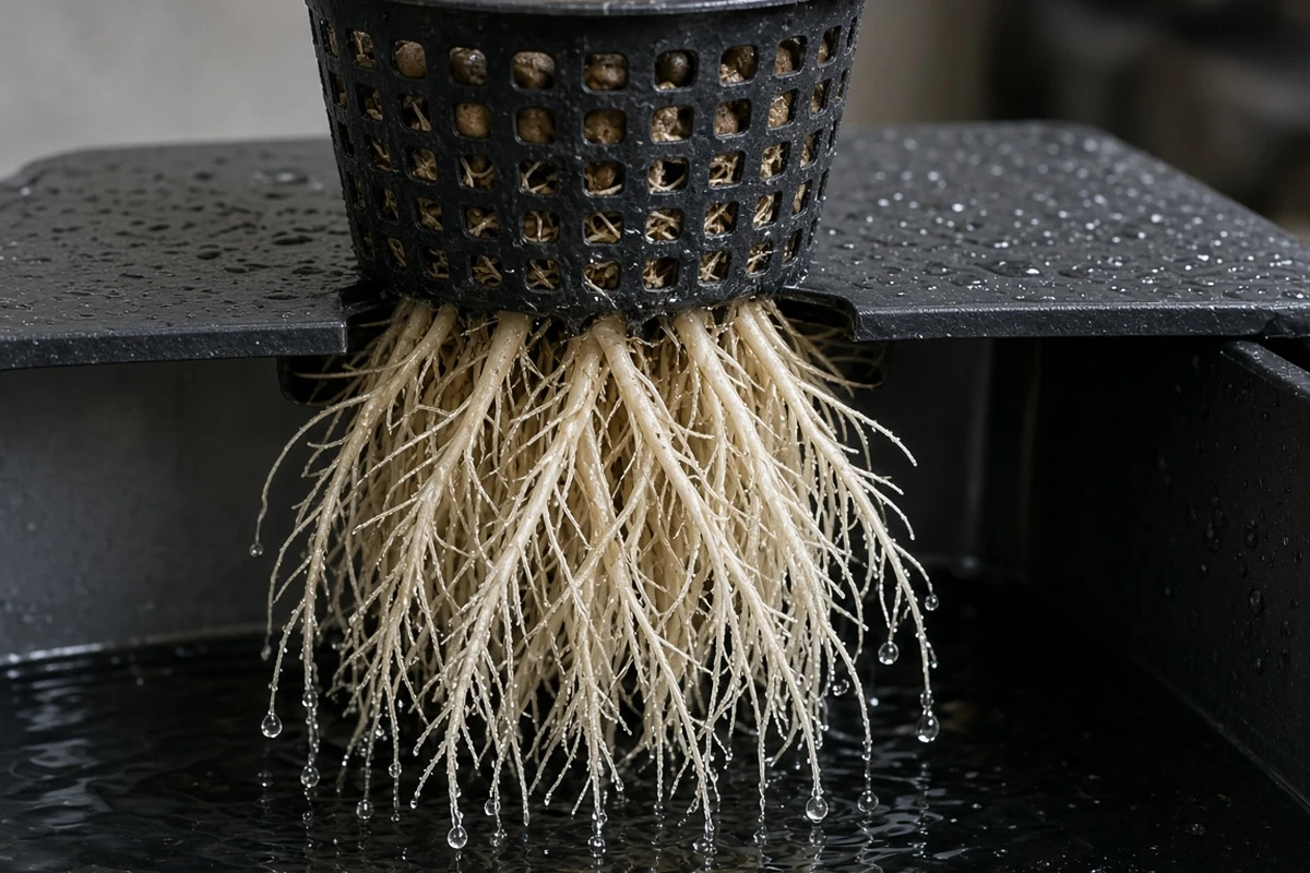 Close view of roots in a net pot lifted from water
