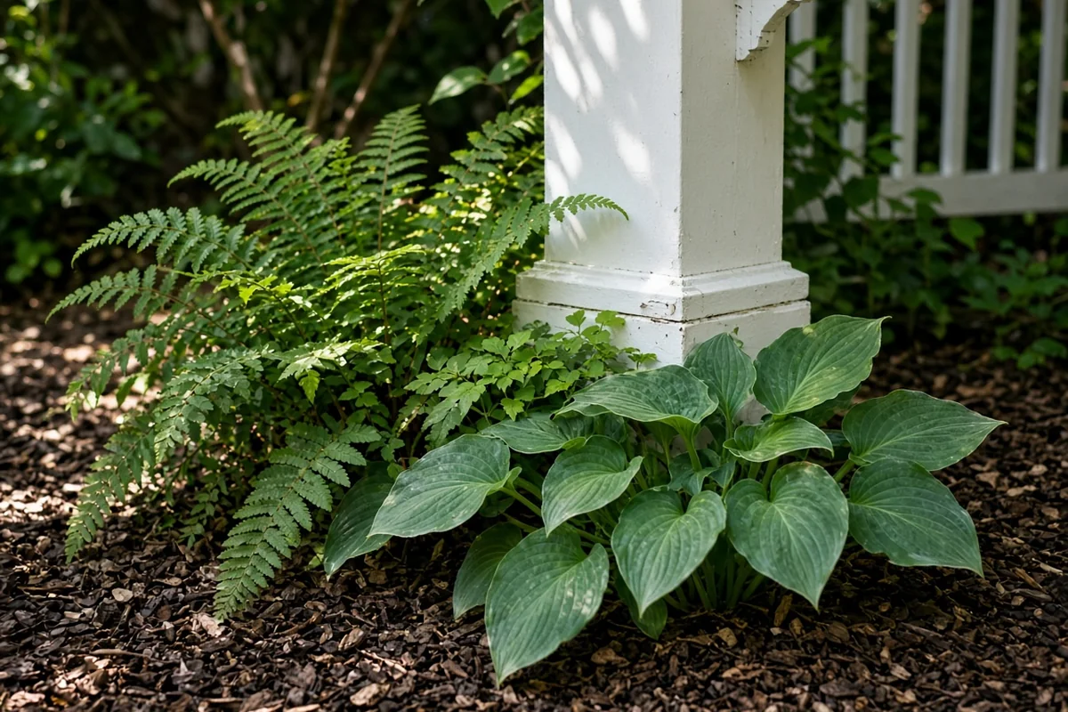 Close view of shade plants beside a gazebo post