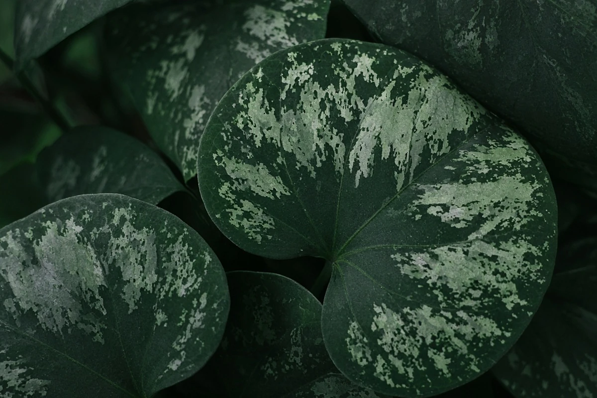 Close view of silver marked dark green leaves