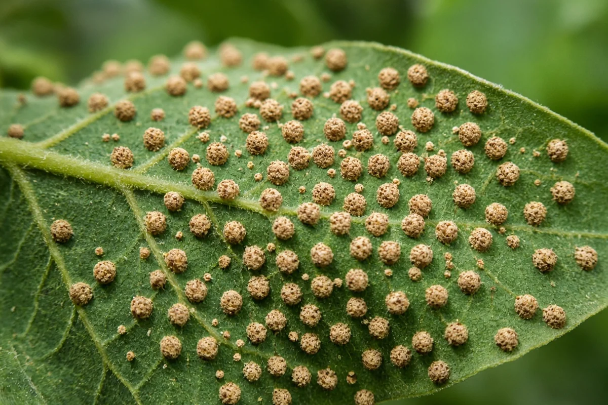 Close view of small corky edema bumps on a leaf