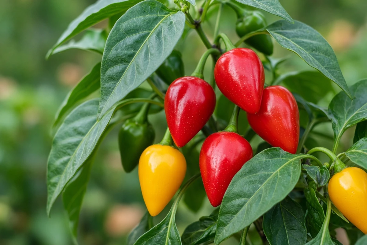 Close view of small peppers on a dwarf plant