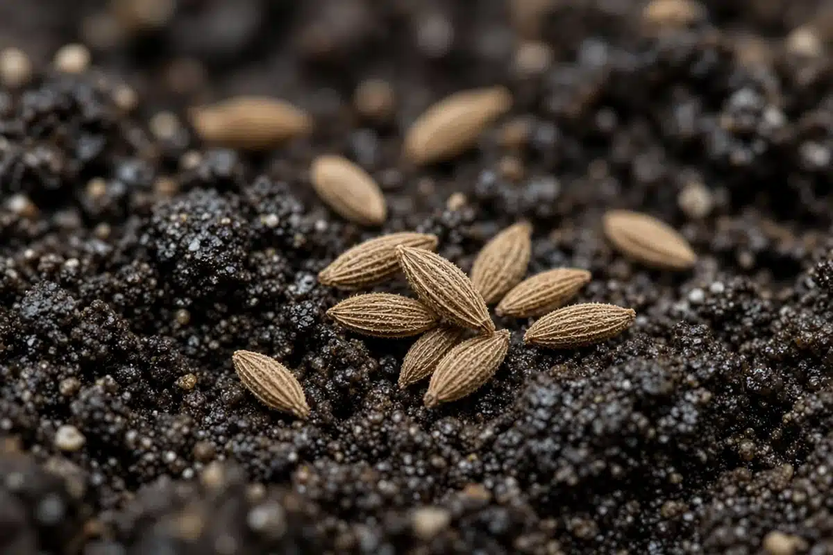 Close view of small seeds on dark soil