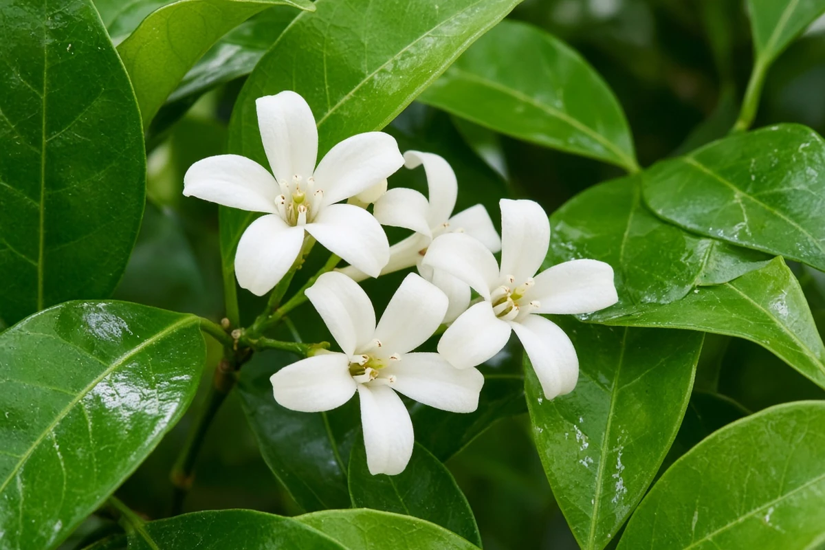 Close view of small white fragrant flowers and glossy leaves