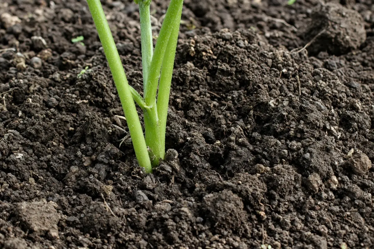 Close view of soil hilled around bean stems