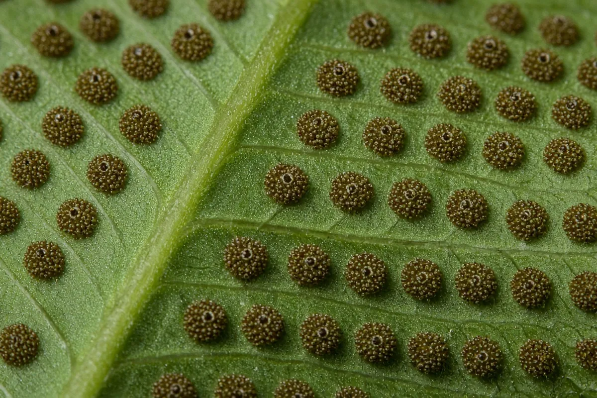Close view of spore cases on a fern leaf