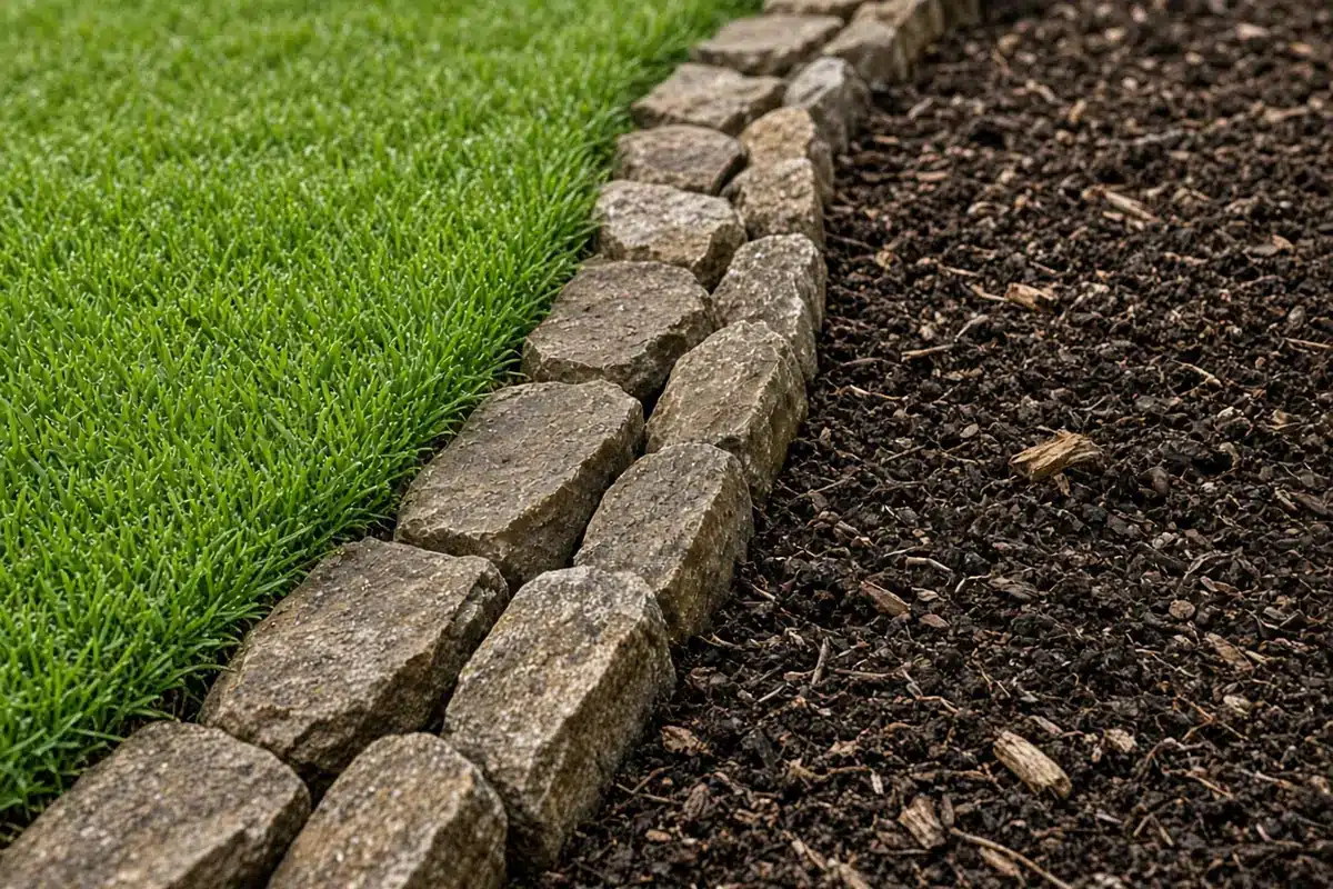 Close view of stones set snugly beside a lawn