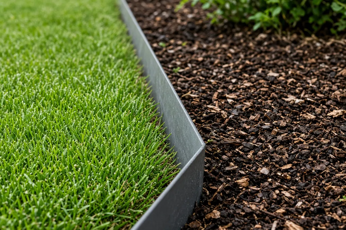 Close view of sturdy edging between lawn and bed