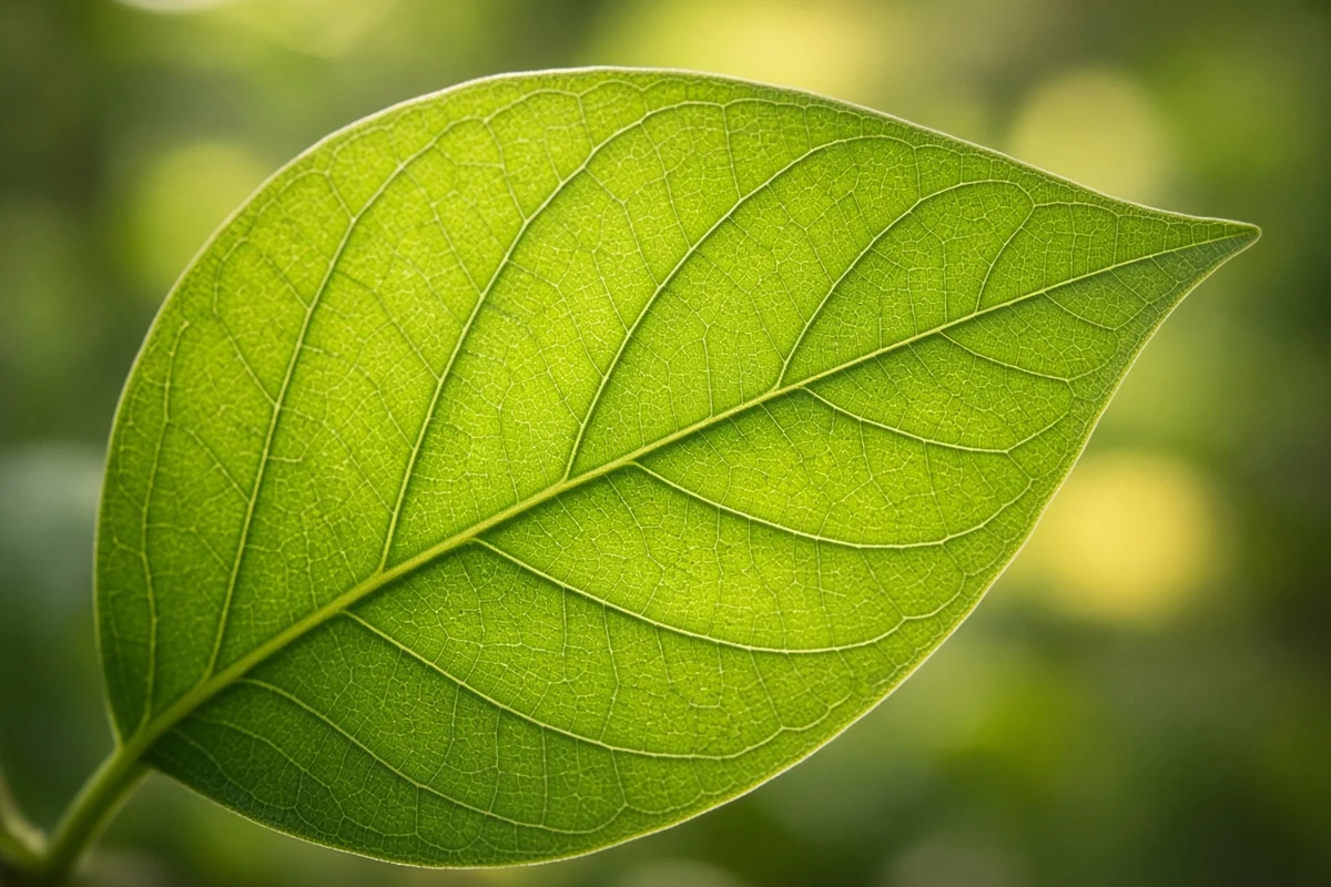 Close view of sunlight passing through a green leaf