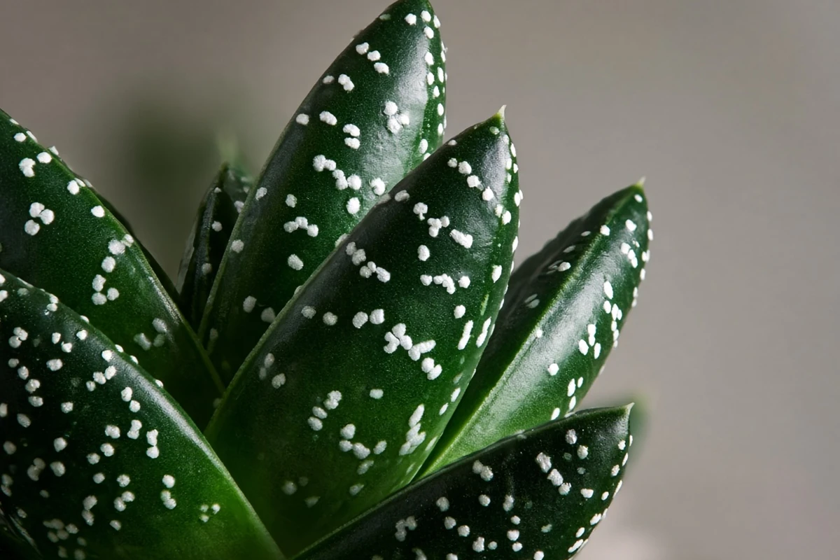 Close view of thick dark leaves with white speckles