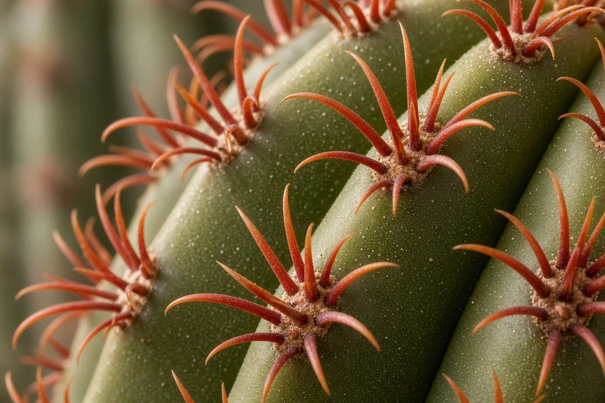 Close view of thick ribbed barrel cactus spines