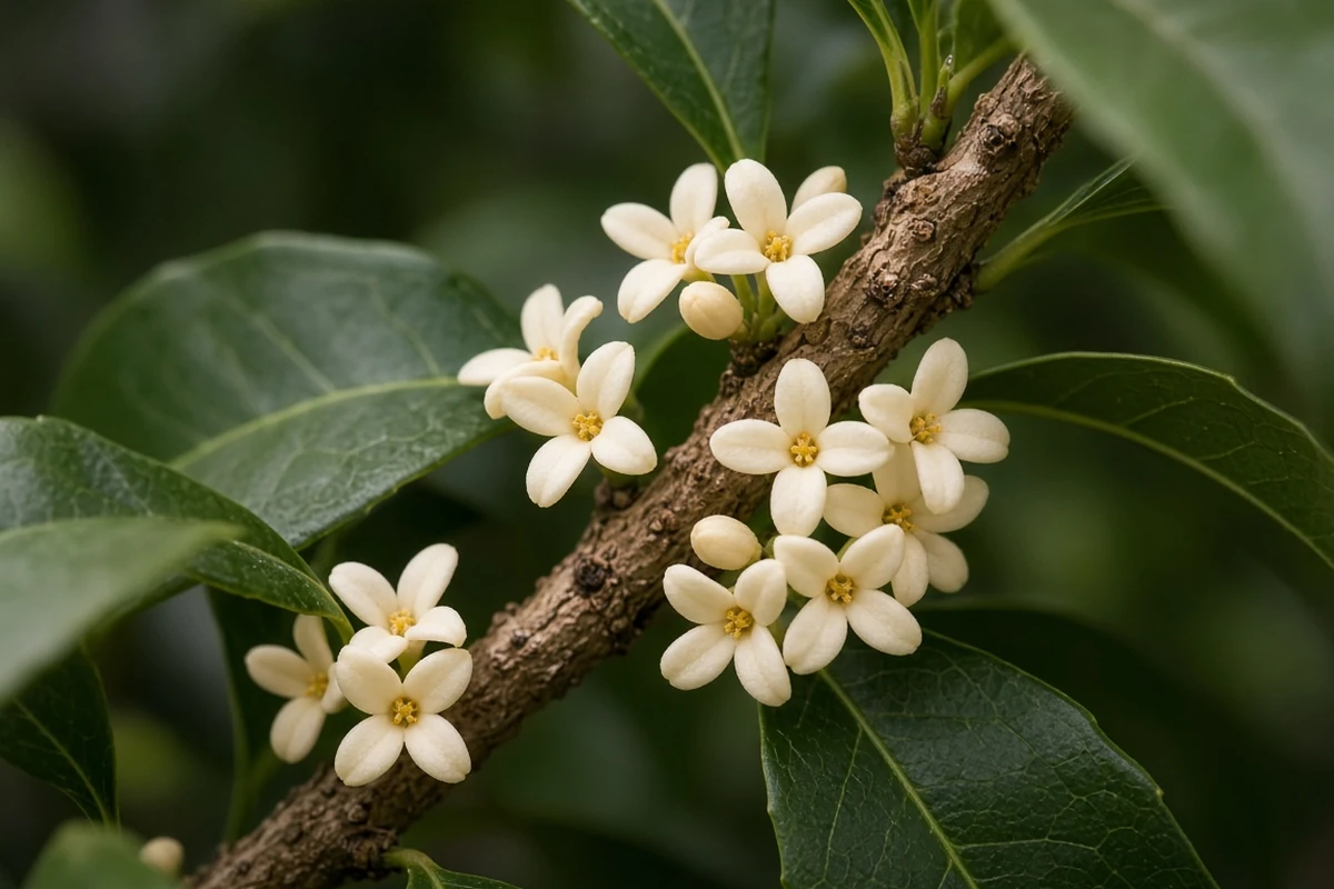 Close view of tiny cream flowers along a stem