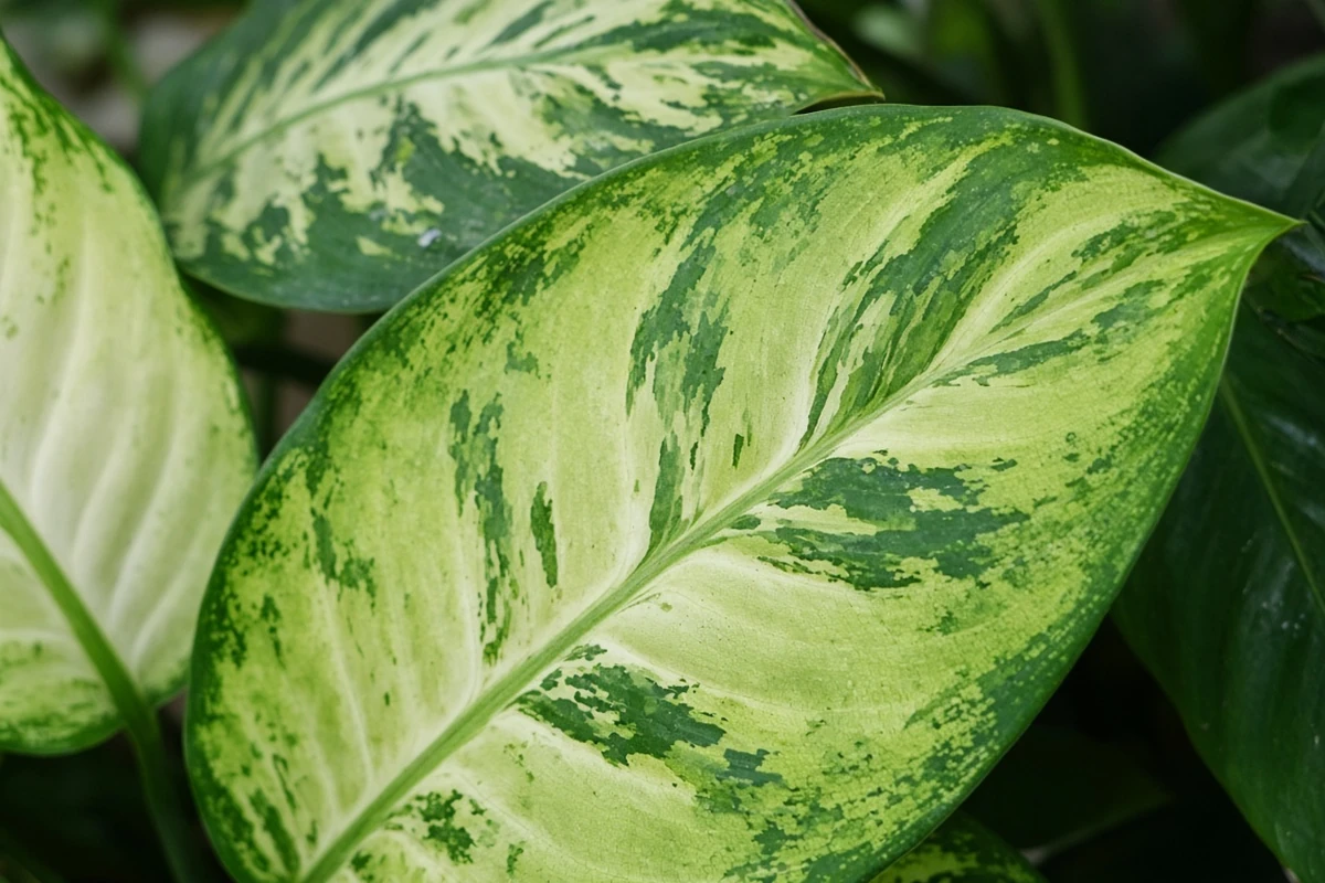 Close view of variegated dieffenbachia leaves