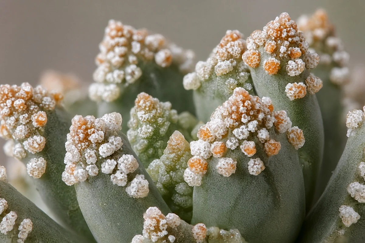 Close view of warty jewel like leaf tips