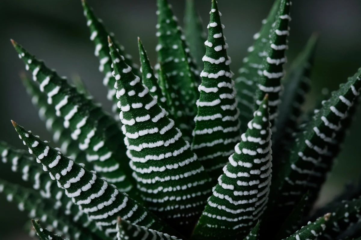Close view of white banded pointed leaves