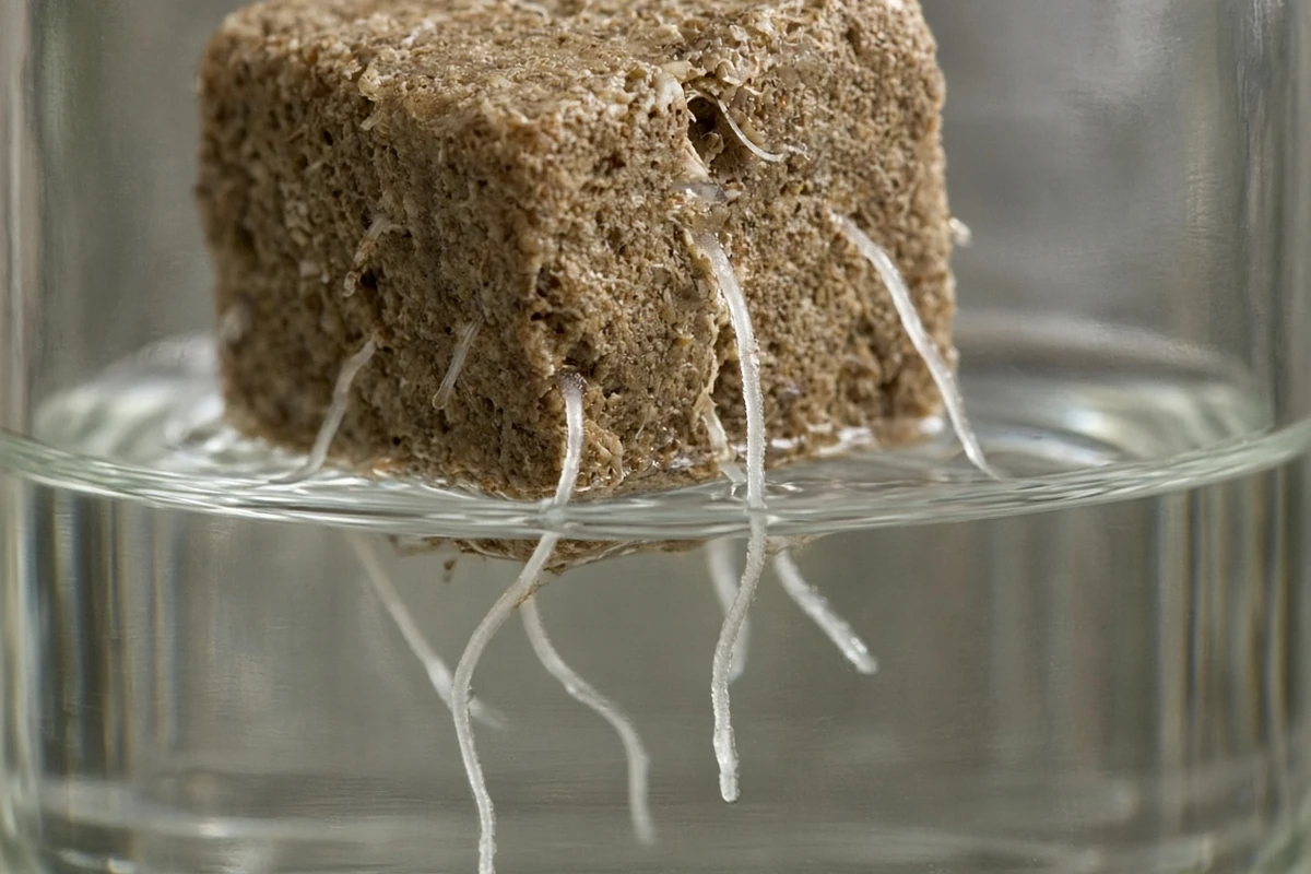Close view of young white roots reaching into water