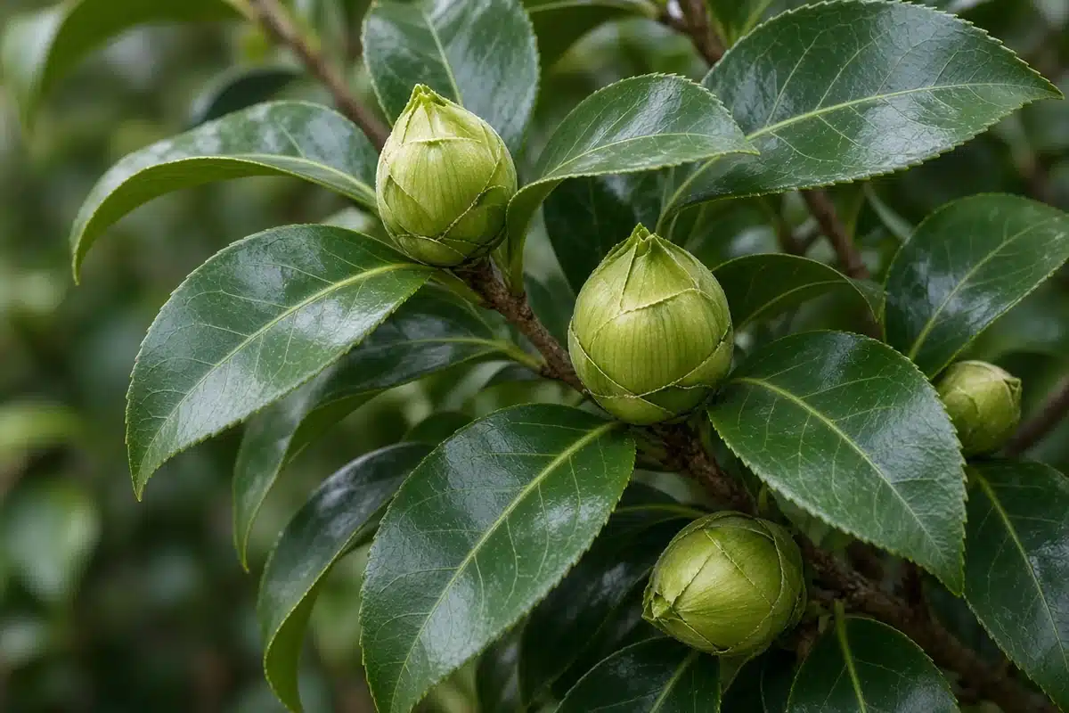 Closed camellia buds on a glossy leaved branch
