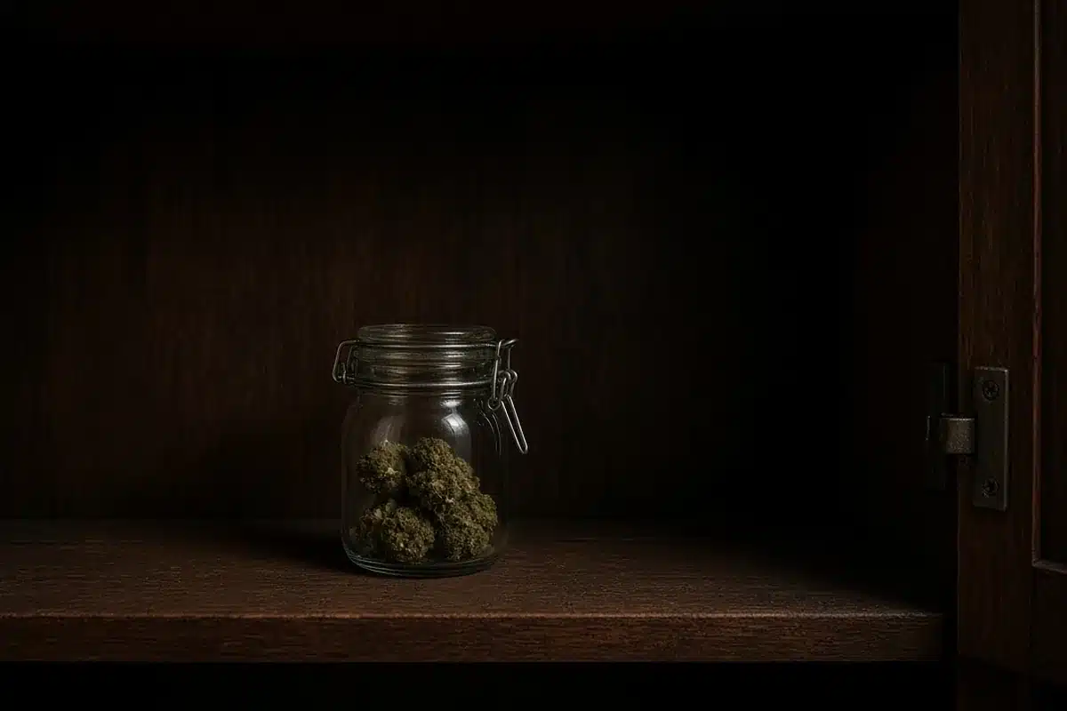 Closed jar of cannabis in a cabinet