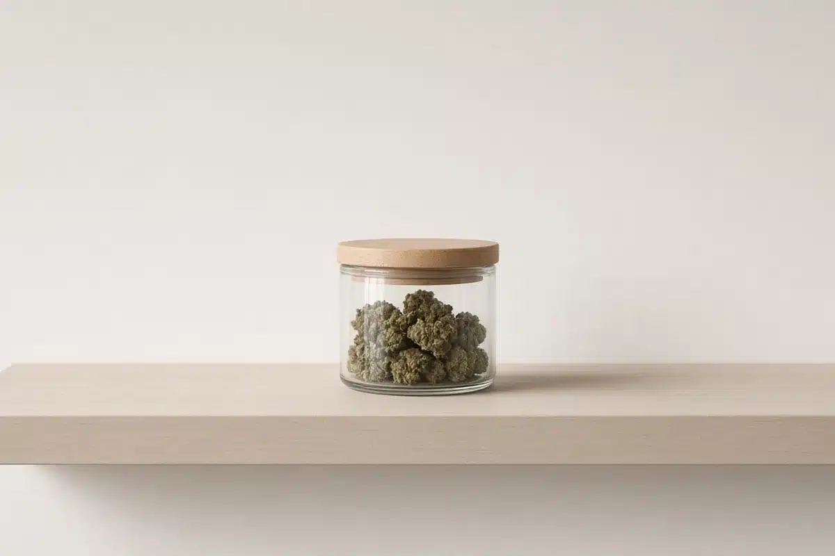 Closed jar of cannabis on a shelf