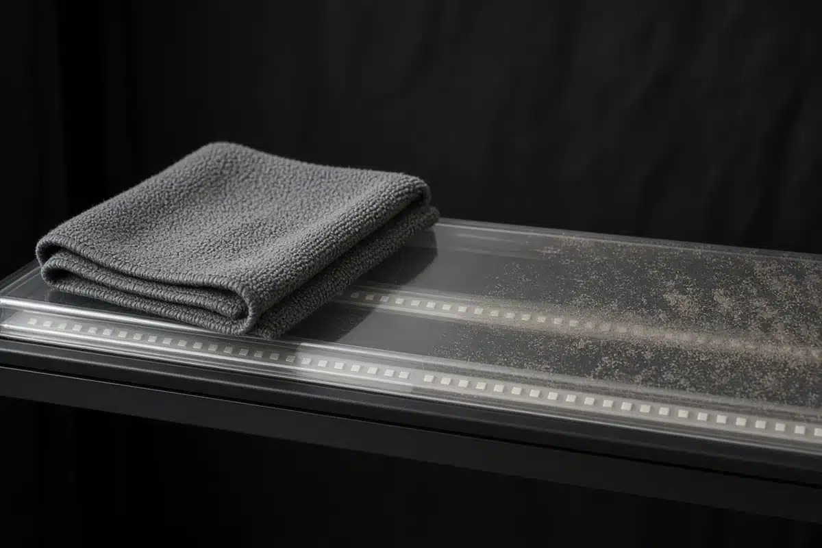 Cloth wiping a grow light lens
