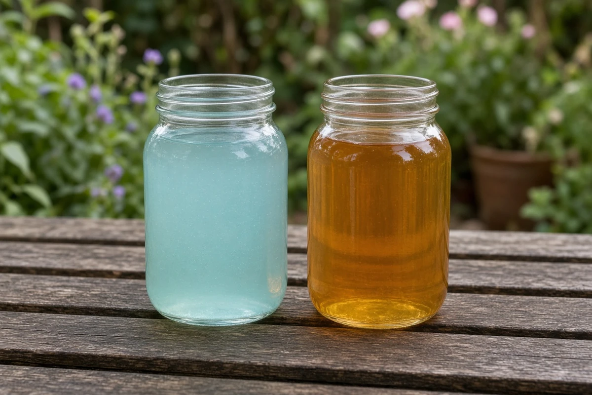 Cloudy nutrient solution in a glass jar beside a jar of amber liquid plant food