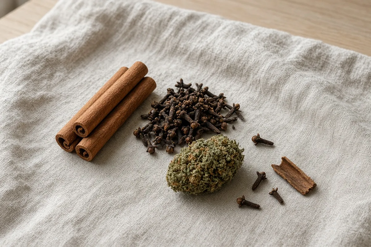 Cloves and cinnamon sticks beside cannabis