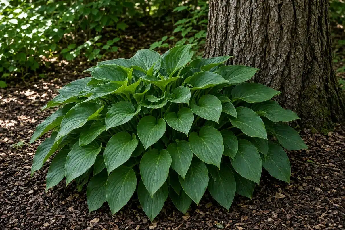 Clump of green hostas under a tree