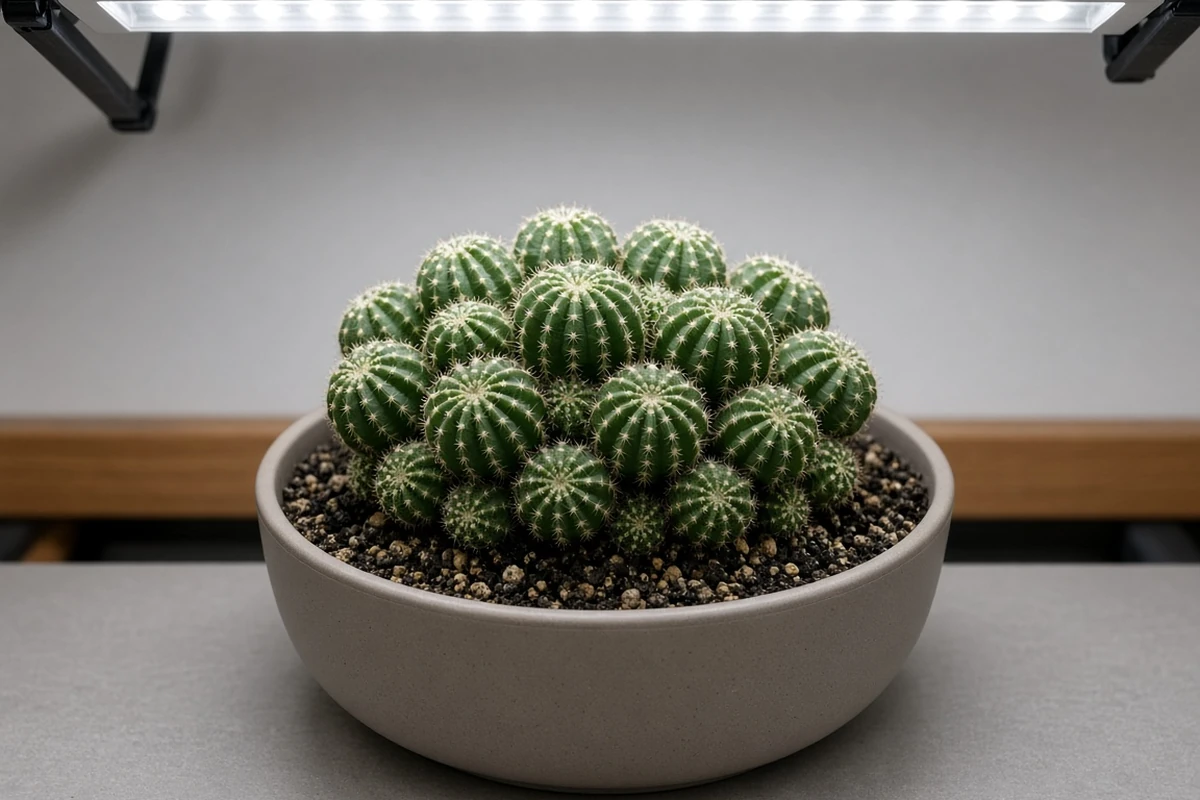 Cluster of hedgehog style cacti under a grow light