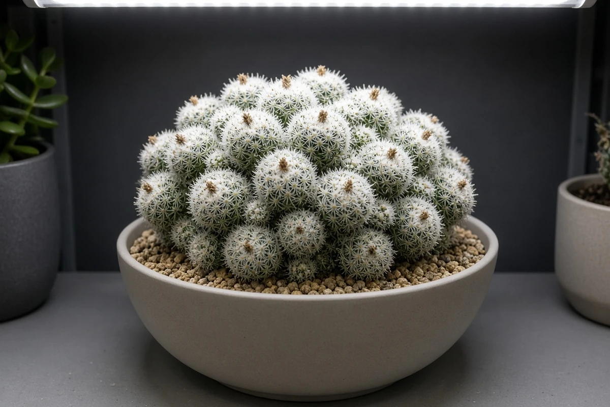 Cluster of mammillaria under a bright LED