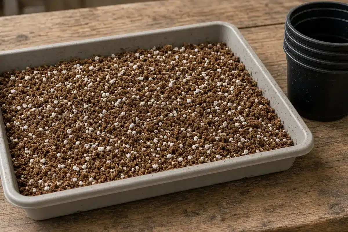 Tray of coco coir mixed with white perlite ready to fill containers for cannabis transplants
