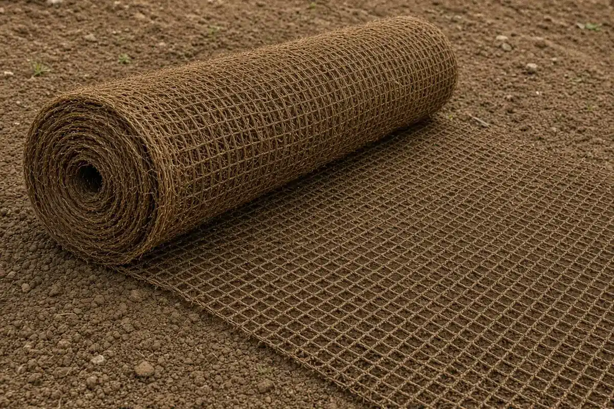 Coir netting roll on a bare hillside