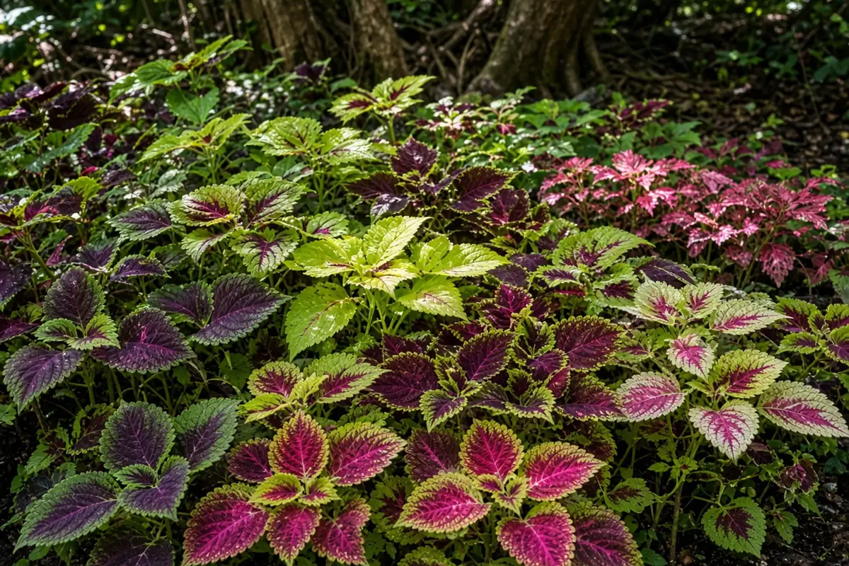 Coleus plants in a shady bed