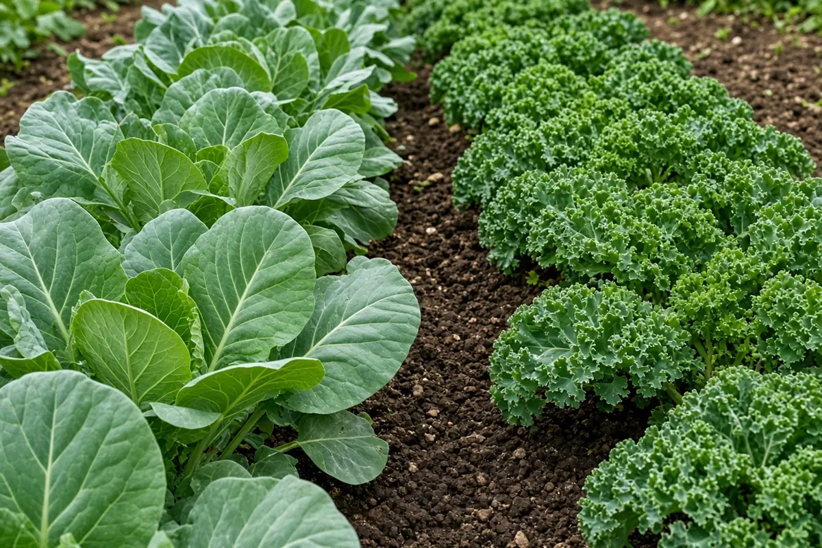 Collards and kale growing side by side