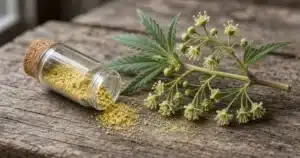 Small glass vial of yellow cannabis pollen beside a male cannabis flower cluster