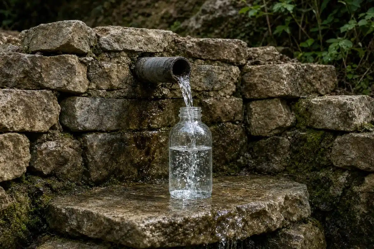 Clear sample bottle filling with water from a pipe at a small hillside spring box