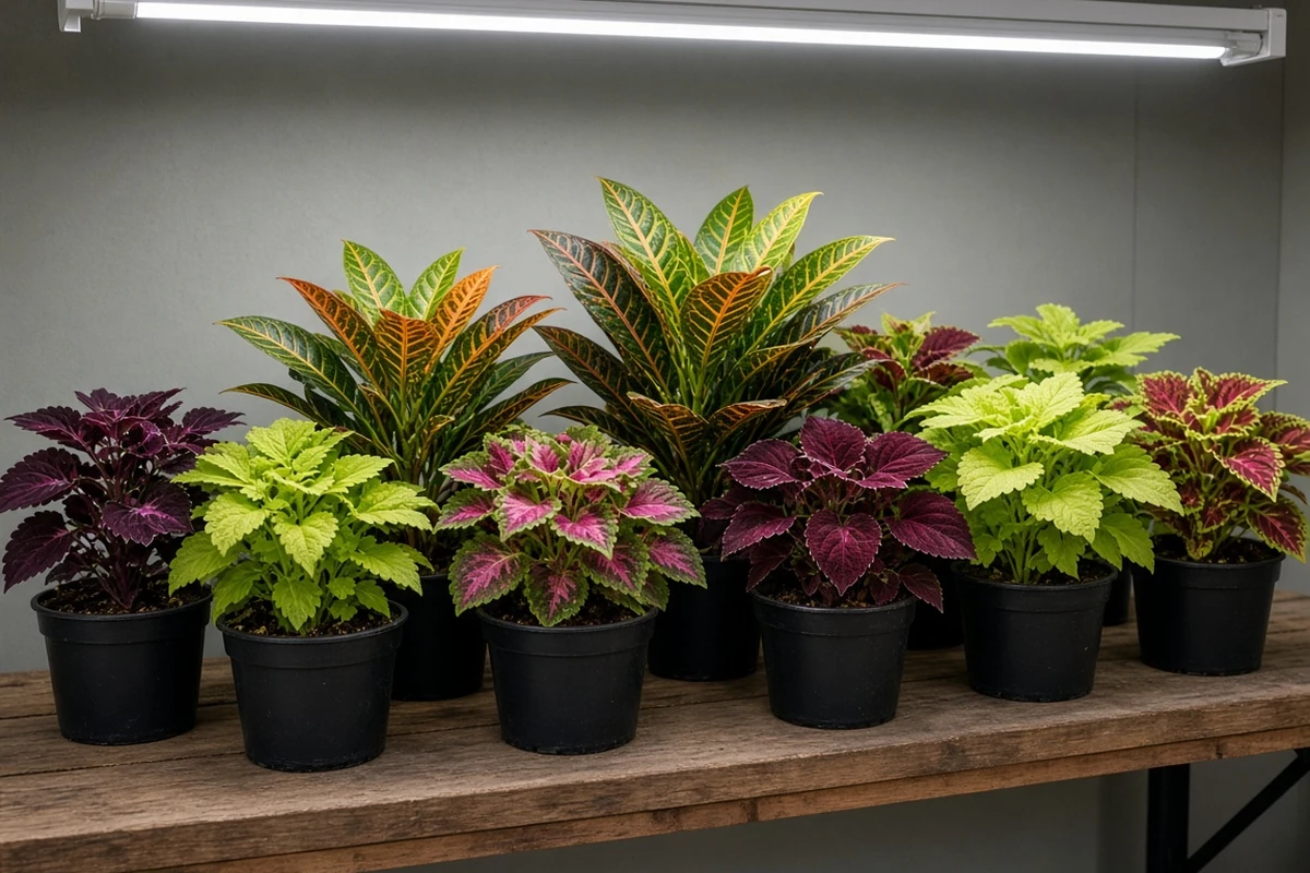 Colorful foliage plants under an LED light
