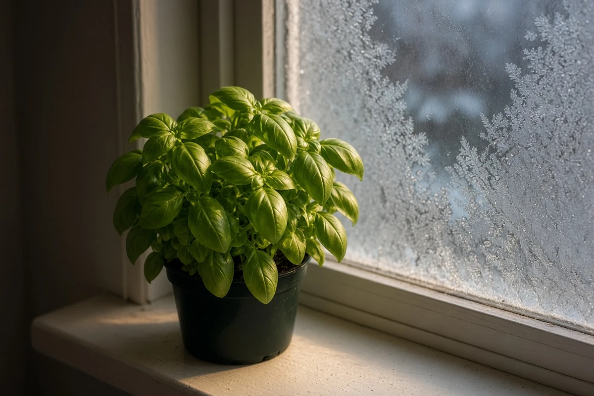 Compact basil plant under warm light by a frosty window
