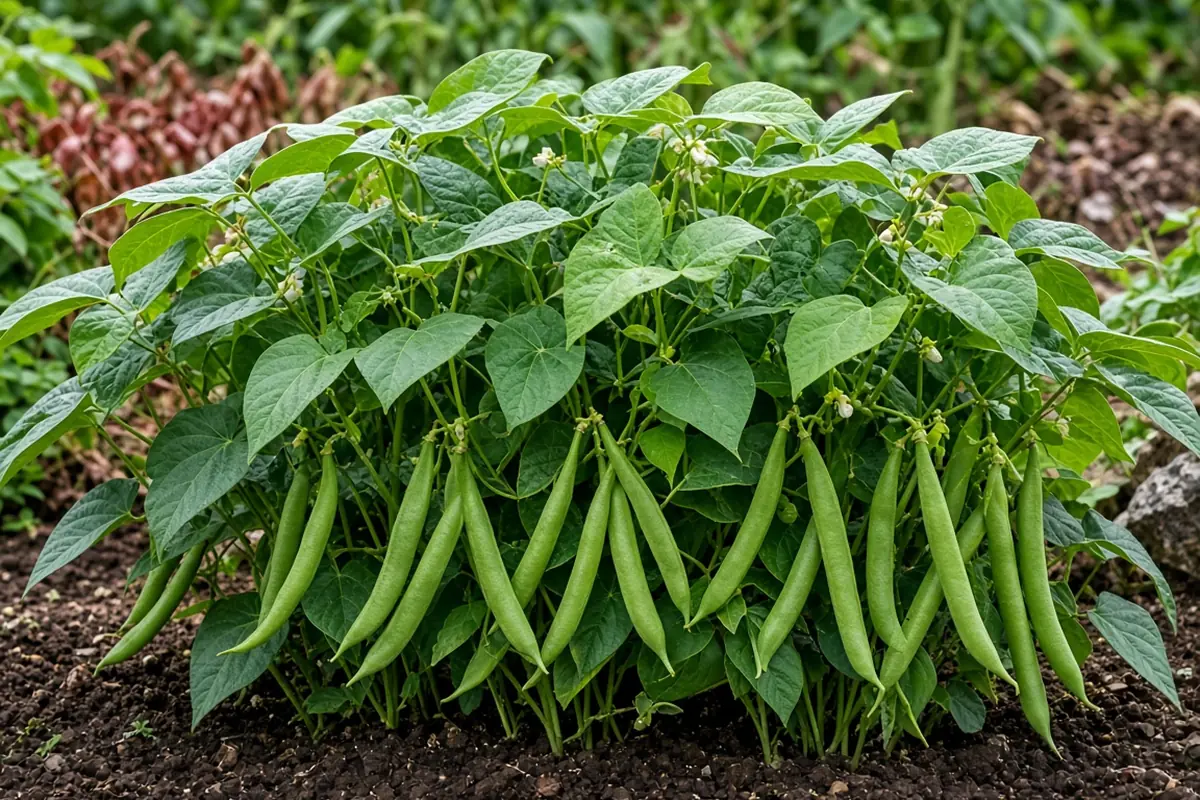 Compact bush bean plants with pods