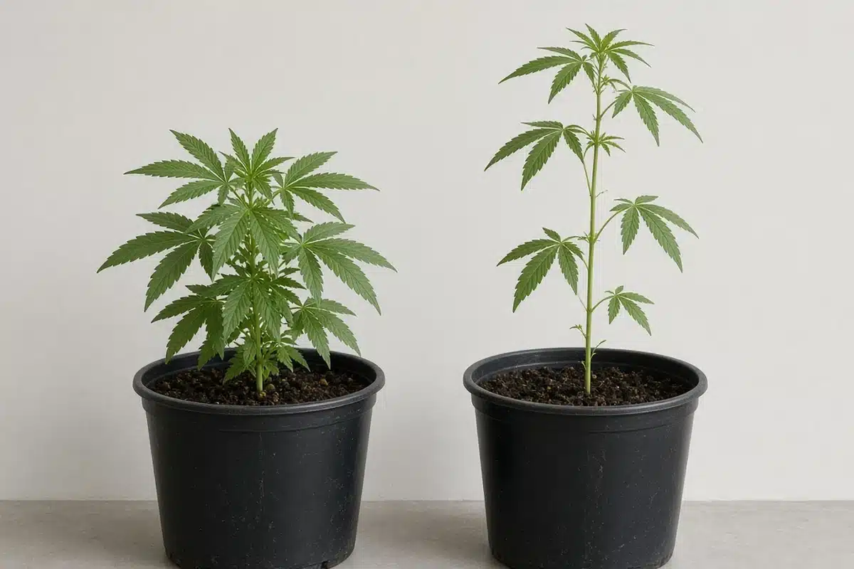 Compact cannabis plant beside a stretched plant with long internodes