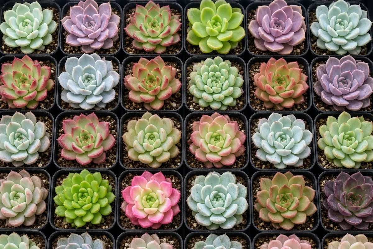Compact succulent rosettes in a nursery tray