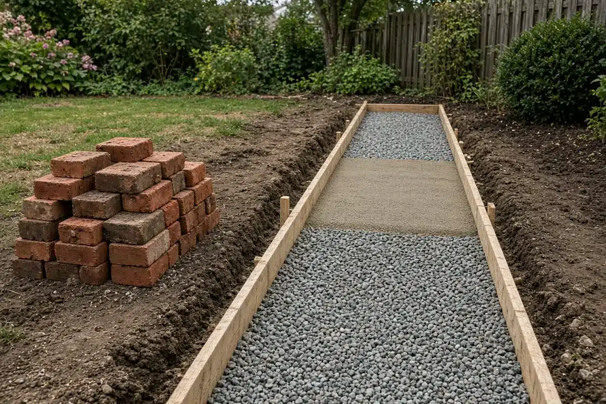 Compacted gravel base and sand bed for a brick path
