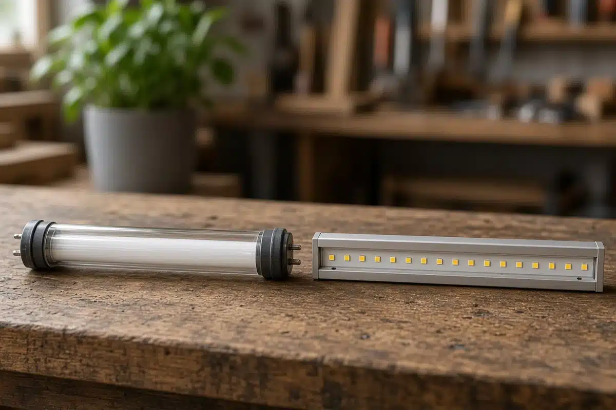 Comparison of a tube lamp and an LED bar on a workbench